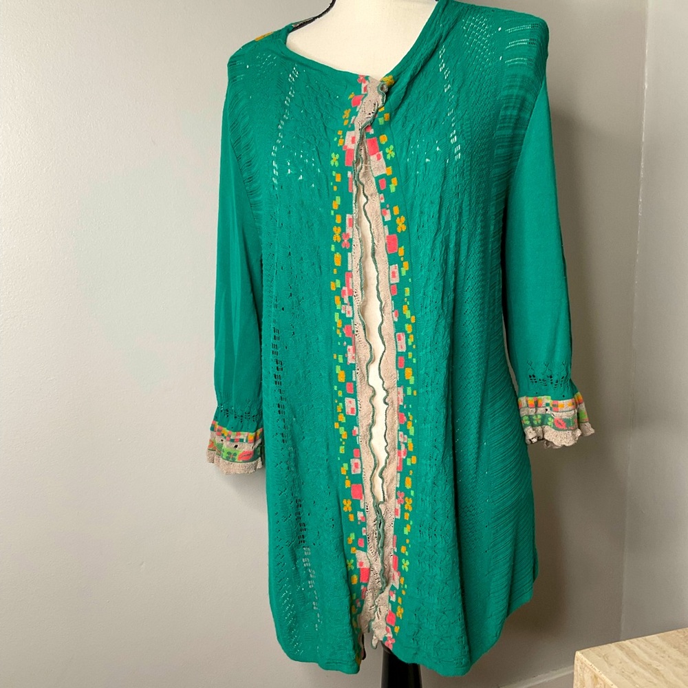 IVKO open-front cardigan, green w/ embroidery design, size 40, EUC